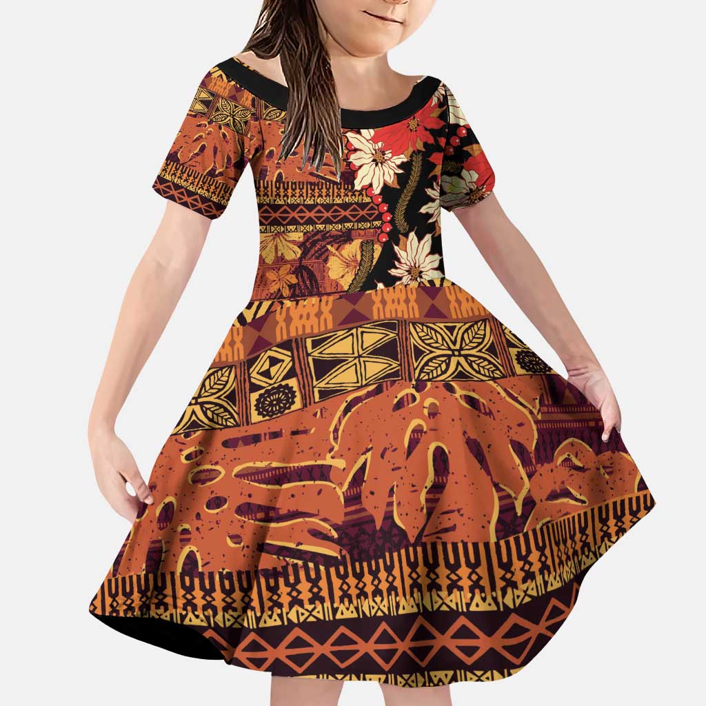 Hawaii Christmas Poinsettia Lei Family Matching Puletasi and Hawaiian Shirt Tapa Pattern LT01 Daughter's Dress Brown - Polynesian Pride