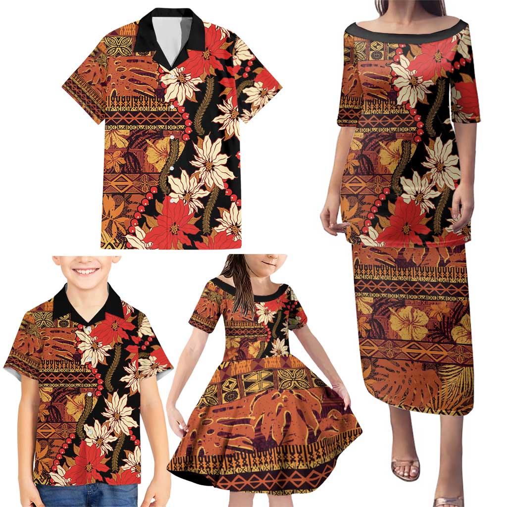 Hawaii Christmas Poinsettia Lei Family Matching Puletasi and Hawaiian Shirt Tapa Pattern LT01 - Polynesian Pride