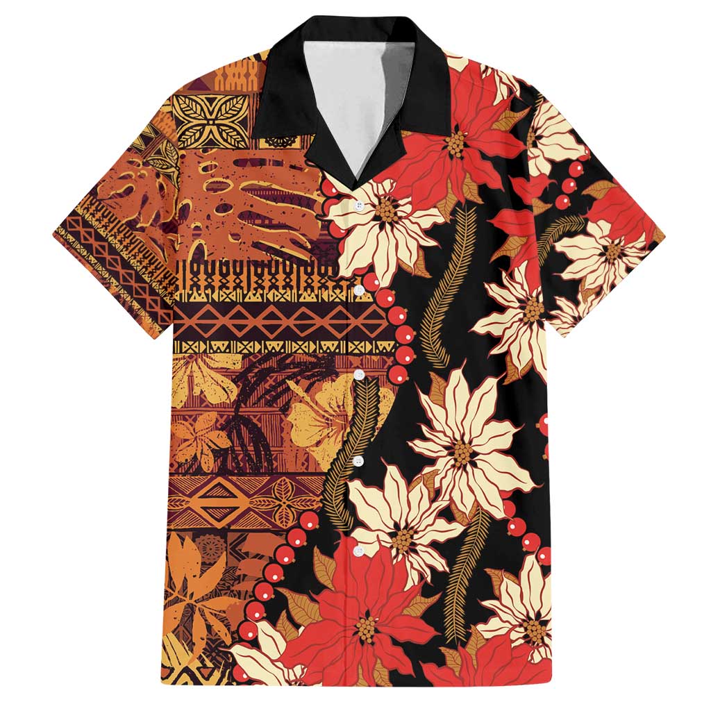 Hawaii Christmas Poinsettia Lei Family Matching Puletasi and Hawaiian Shirt Tapa Pattern LT01 Dad's Shirt - Short Sleeve Brown - Polynesian Pride