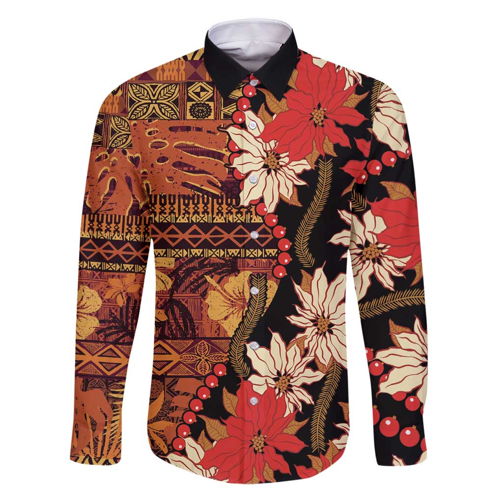 Hawaii Christmas Poinsettia Lei Family Matching Puletasi and Hawaiian Shirt Tapa Pattern LT01 Dad's Shirt - Long Sleeve Brown - Polynesian Pride