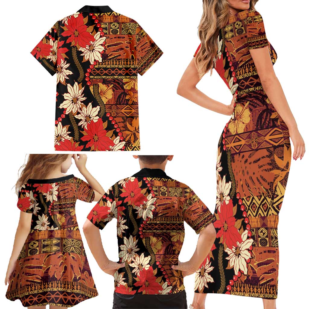 Hawaii Christmas Poinsettia Lei Family Matching Short Sleeve Bodycon Dress and Hawaiian Shirt Tapa Pattern LT01 - Polynesian Pride