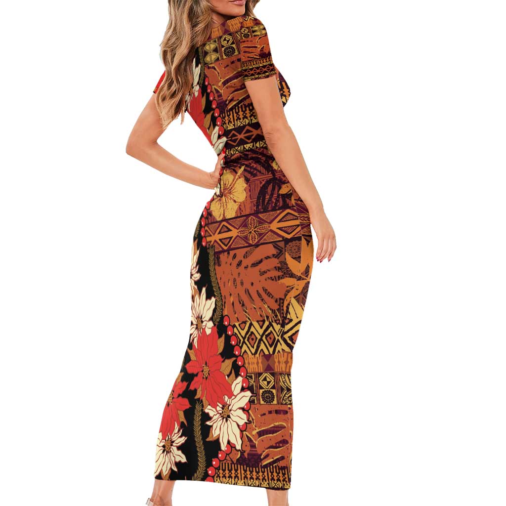 Hawaii Christmas Poinsettia Lei Family Matching Short Sleeve Bodycon Dress and Hawaiian Shirt Tapa Pattern LT01 - Polynesian Pride