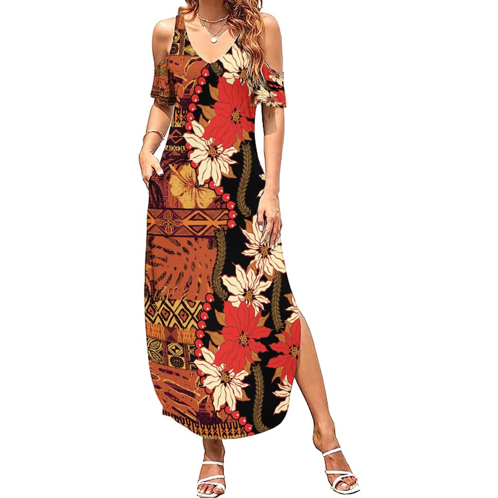 Hawaii Christmas Poinsettia Lei Family Matching Summer Maxi Dress and Hawaiian Shirt Tapa Pattern LT01 Mom's Dress Brown - Polynesian Pride