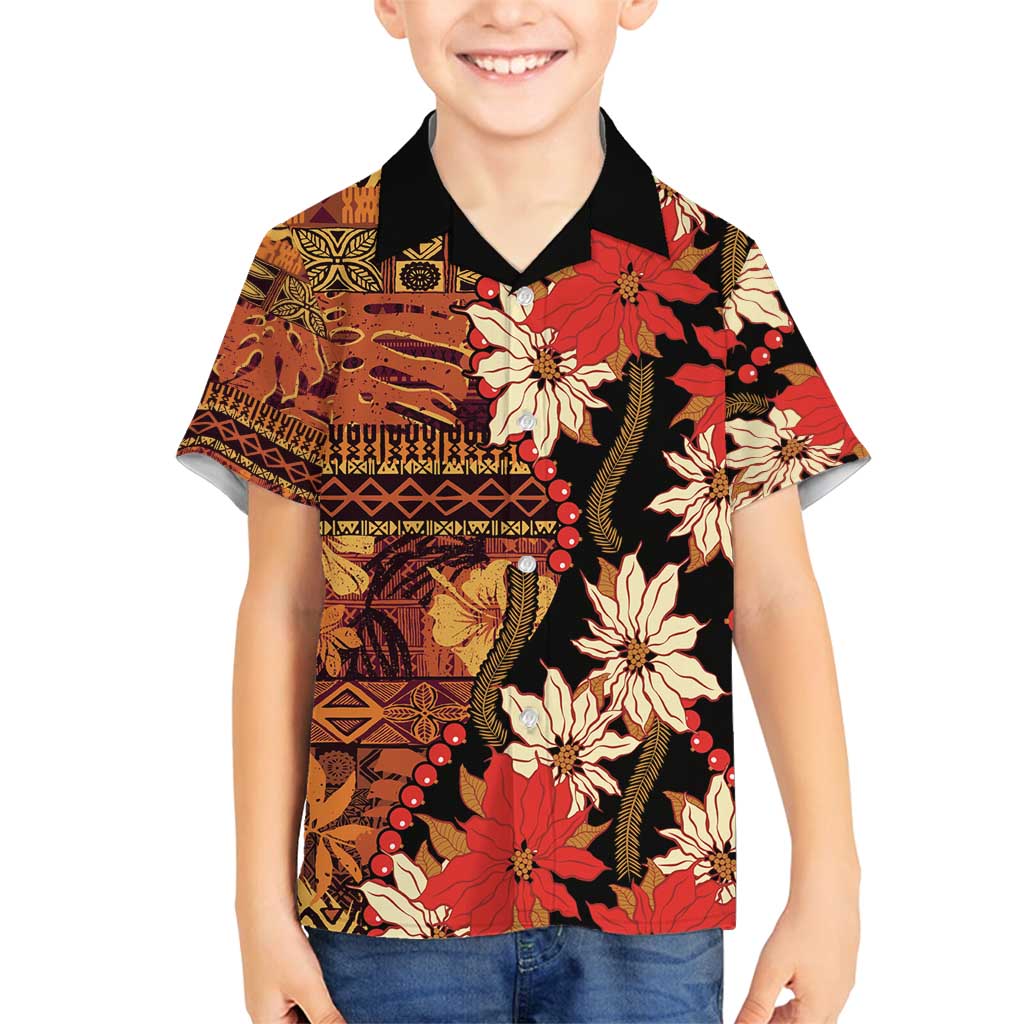 Hawaii Christmas Poinsettia Lei Family Matching Summer Maxi Dress and Hawaiian Shirt Tapa Pattern LT01 Son's Shirt Brown - Polynesian Pride
