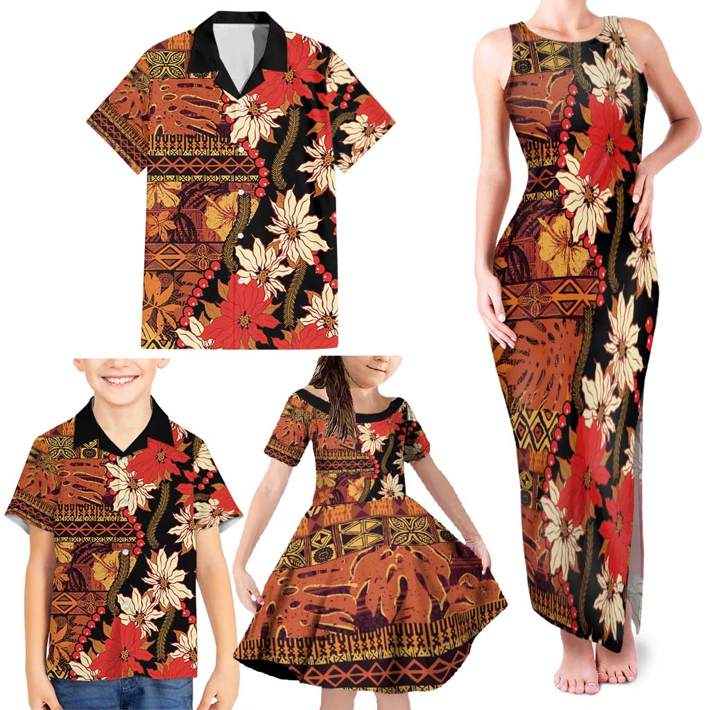 Hawaii Christmas Poinsettia Lei Family Matching Tank Maxi Dress and Hawaiian Shirt Tapa Pattern LT01 - Polynesian Pride