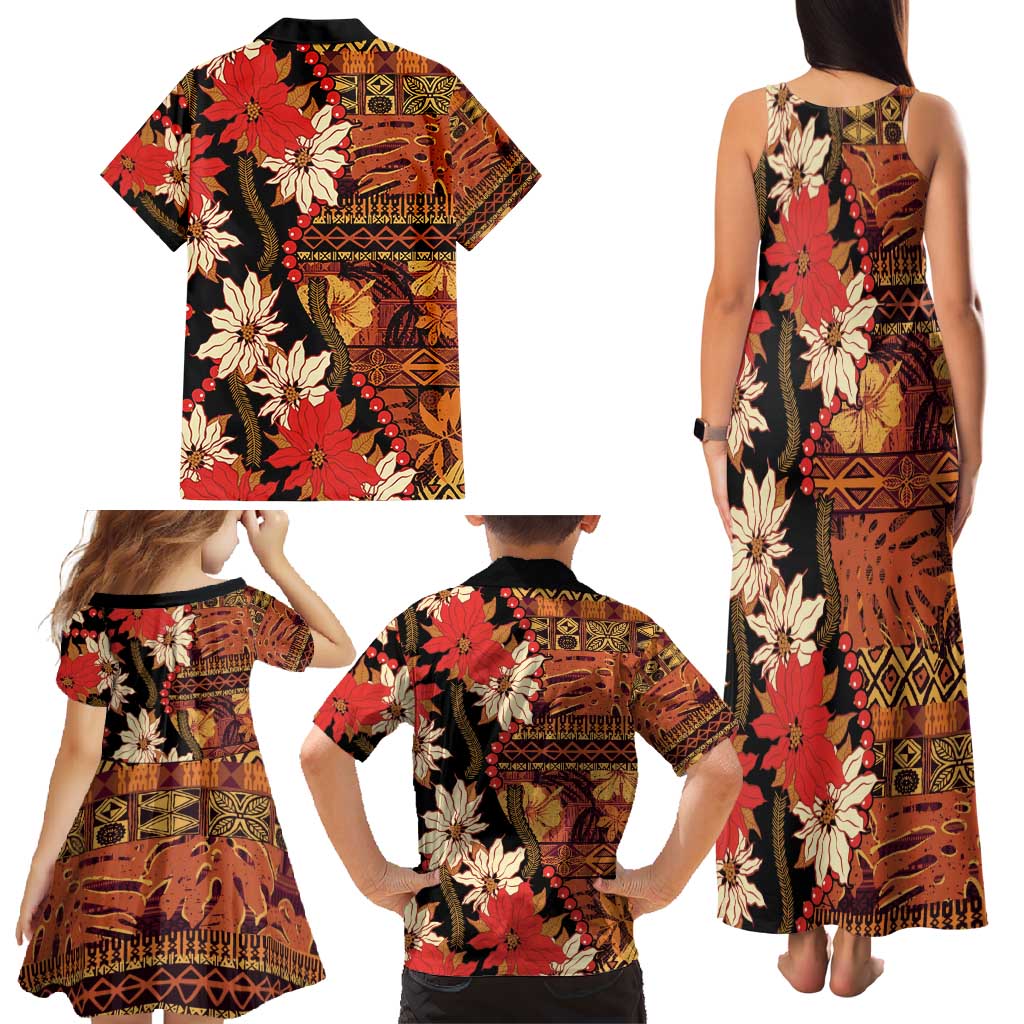 Hawaii Christmas Poinsettia Lei Family Matching Tank Maxi Dress and Hawaiian Shirt Tapa Pattern LT01 - Polynesian Pride