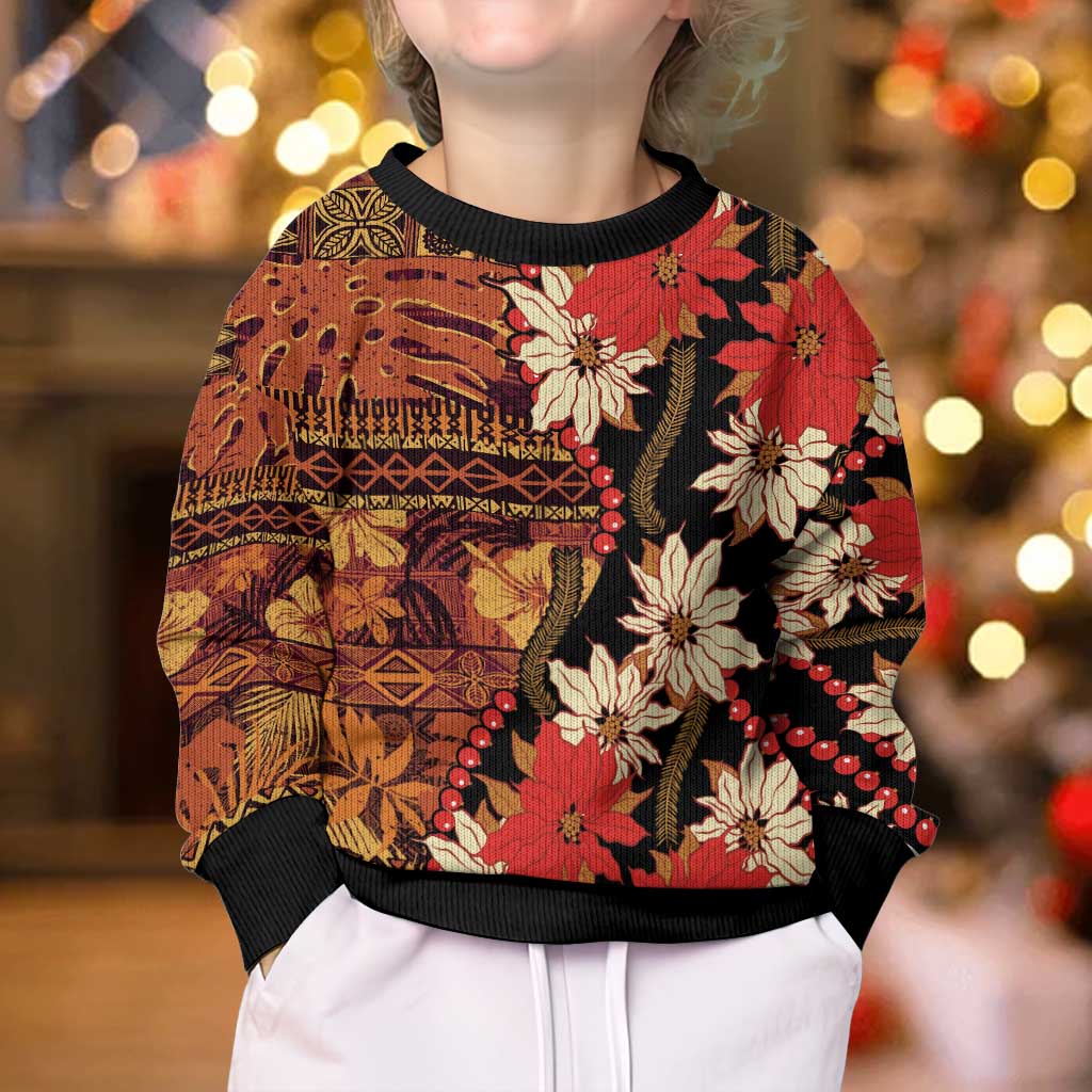 Hawaii Christmas Poinsettia Lei Kid Ugly Christmas Sweater Tapa Pattern - Polynesian Pride