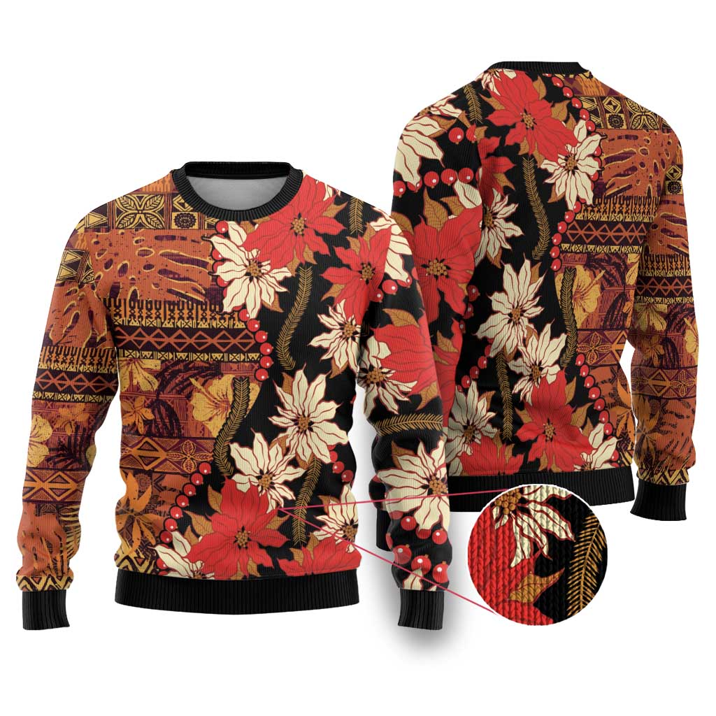 Hawaii Christmas Poinsettia Lei Ugly Christmas Sweater Tapa Pattern - Polynesian Pride