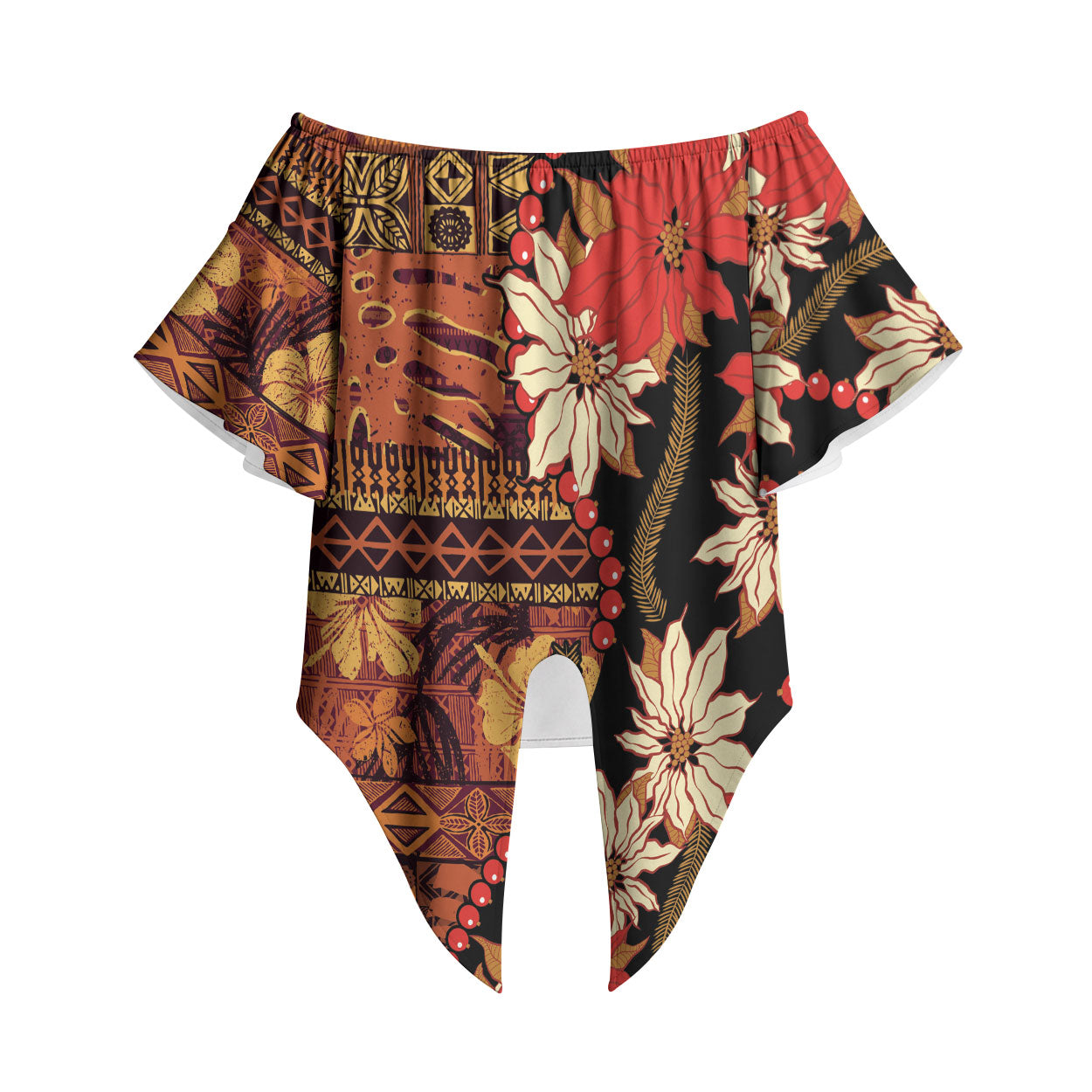 Hawaii Christmas Poinsettia Lei Off Shoulder Wrap Waist Top Tapa Pattern LT01 Brown - Polynesian Pride