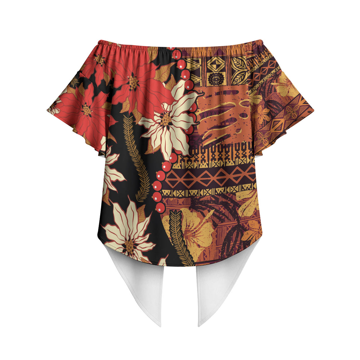 Hawaii Christmas Poinsettia Lei Off Shoulder Wrap Waist Top Tapa Pattern LT01 - Polynesian Pride