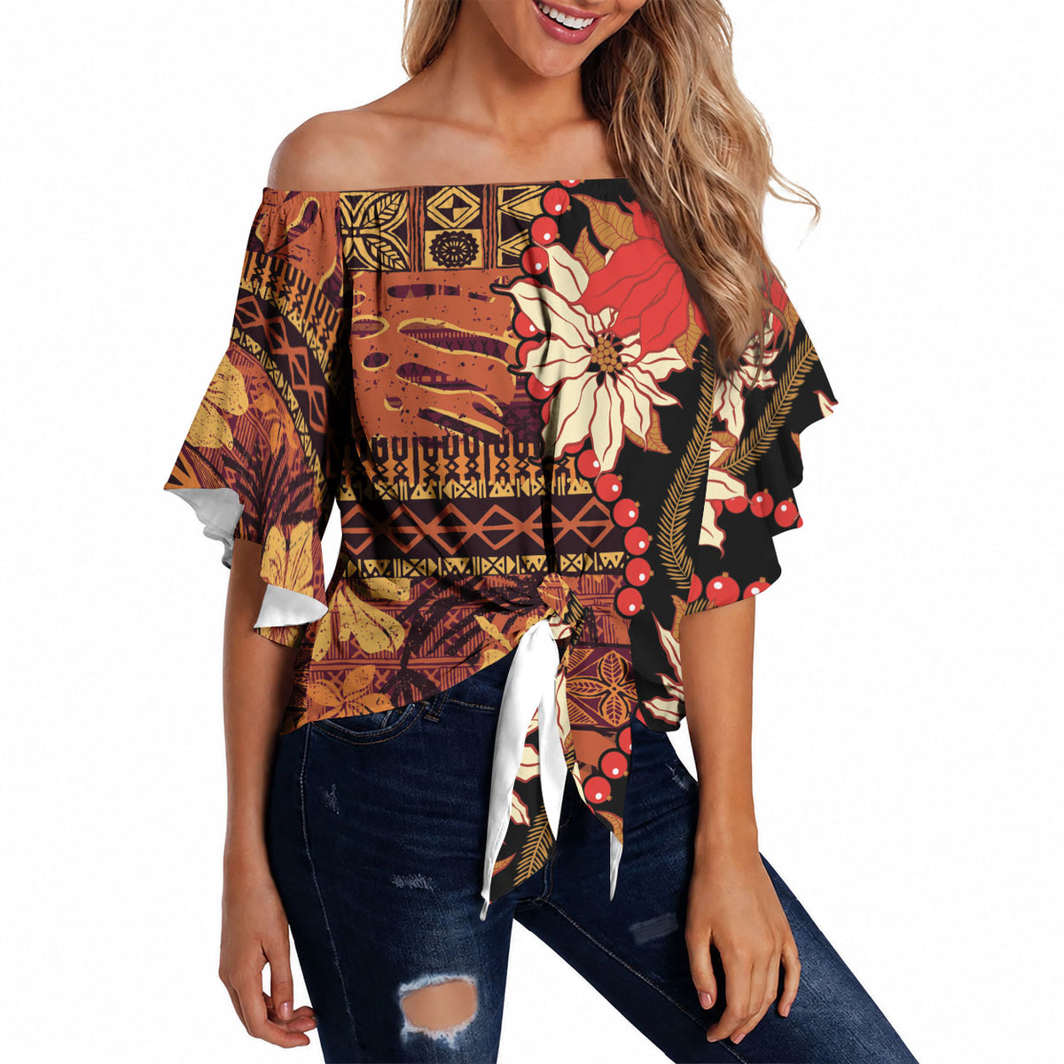 Hawaii Christmas Poinsettia Lei Off Shoulder Wrap Waist Top Tapa Pattern LT01 - Polynesian Pride