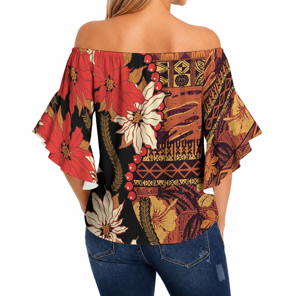 Hawaii Christmas Poinsettia Lei Off Shoulder Wrap Waist Top Tapa Pattern LT01 - Polynesian Pride
