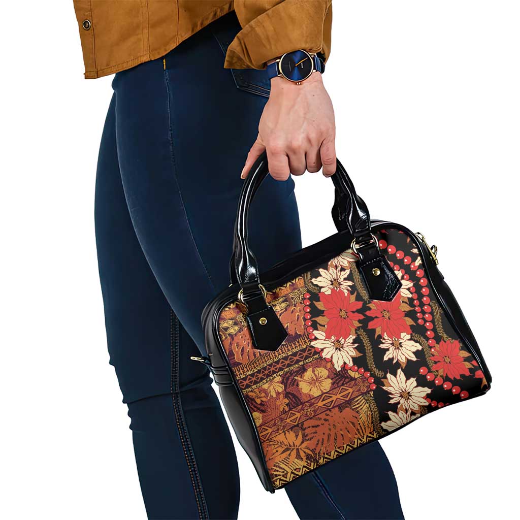 Hawaii Christmas Poinsettia Lei Shoulder Handbag Tapa Pattern - Polynesian Pride