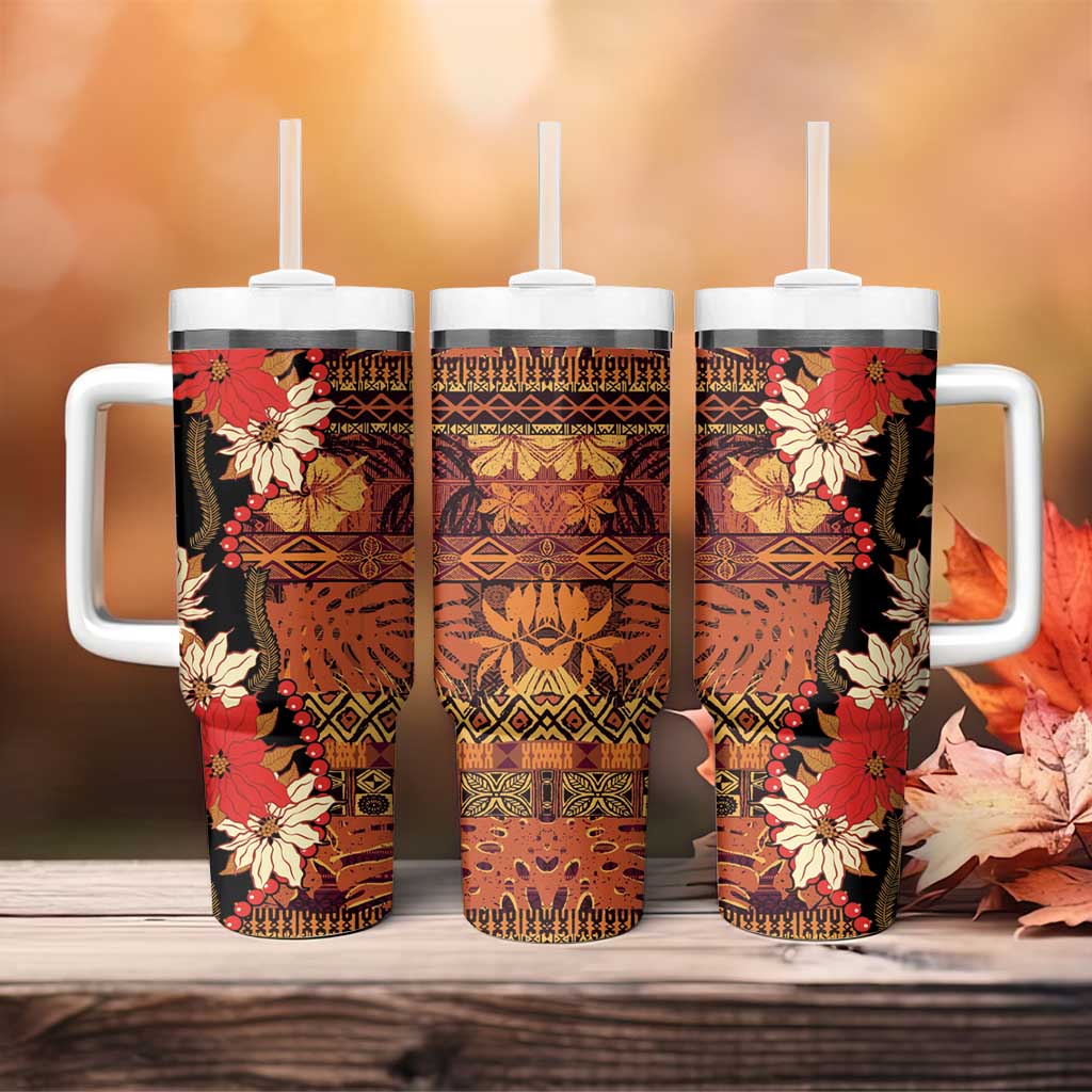 Hawaii Christmas Poinsettia Lei Tumbler With Handle Tapa Pattern - Polynesian Pride