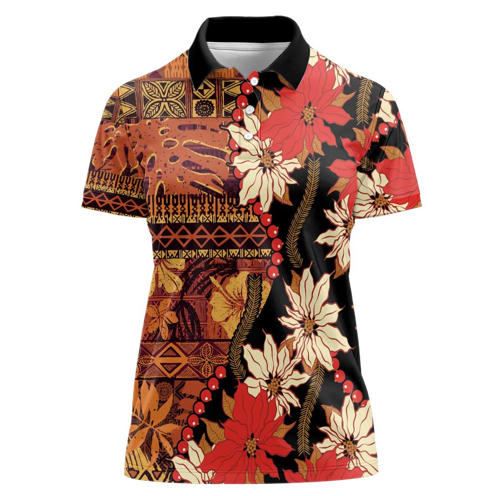 Hawaii Christmas Poinsettia Lei Women Polo Shirt Tapa Pattern - Polynesian Pride