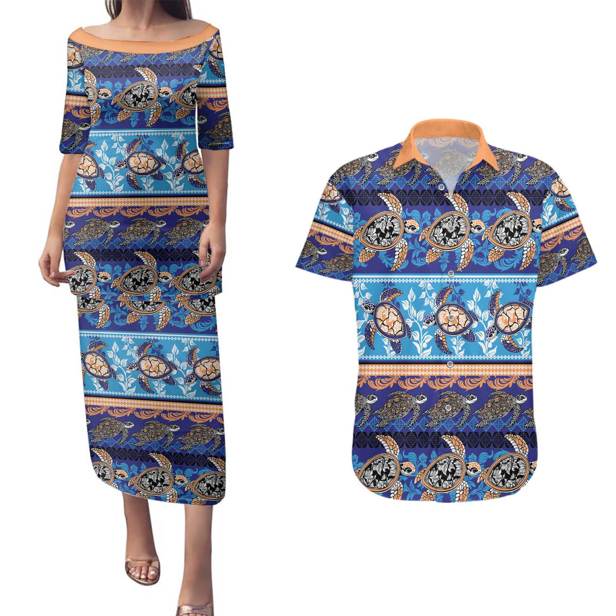 Hawaii Turtles Pattern Special Blue Couples Matching Puletasi and Hawaiian Shirt LT01 Blue - Polynesian Pride