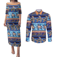Hawaii Turtles Pattern Special Blue Couples Matching Puletasi and Long Sleeve Button Shirt LT01 Blue - Polynesian Pride