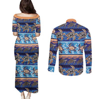 Hawaii Turtles Pattern Special Blue Couples Matching Puletasi and Long Sleeve Button Shirt LT01 - Polynesian Pride