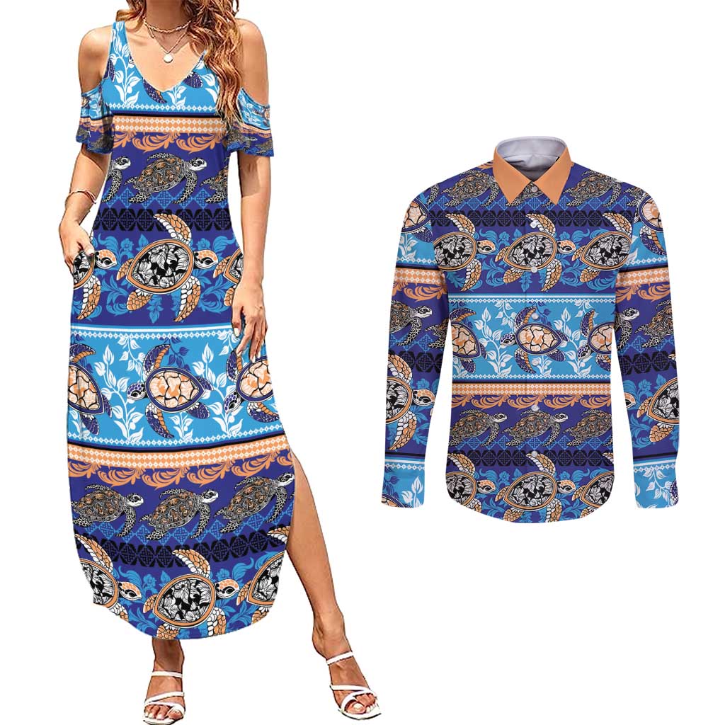 Hawaii Turtles Pattern Special Blue Couples Matching Summer Maxi Dress and Long Sleeve Button Shirt - Polynesian Pride