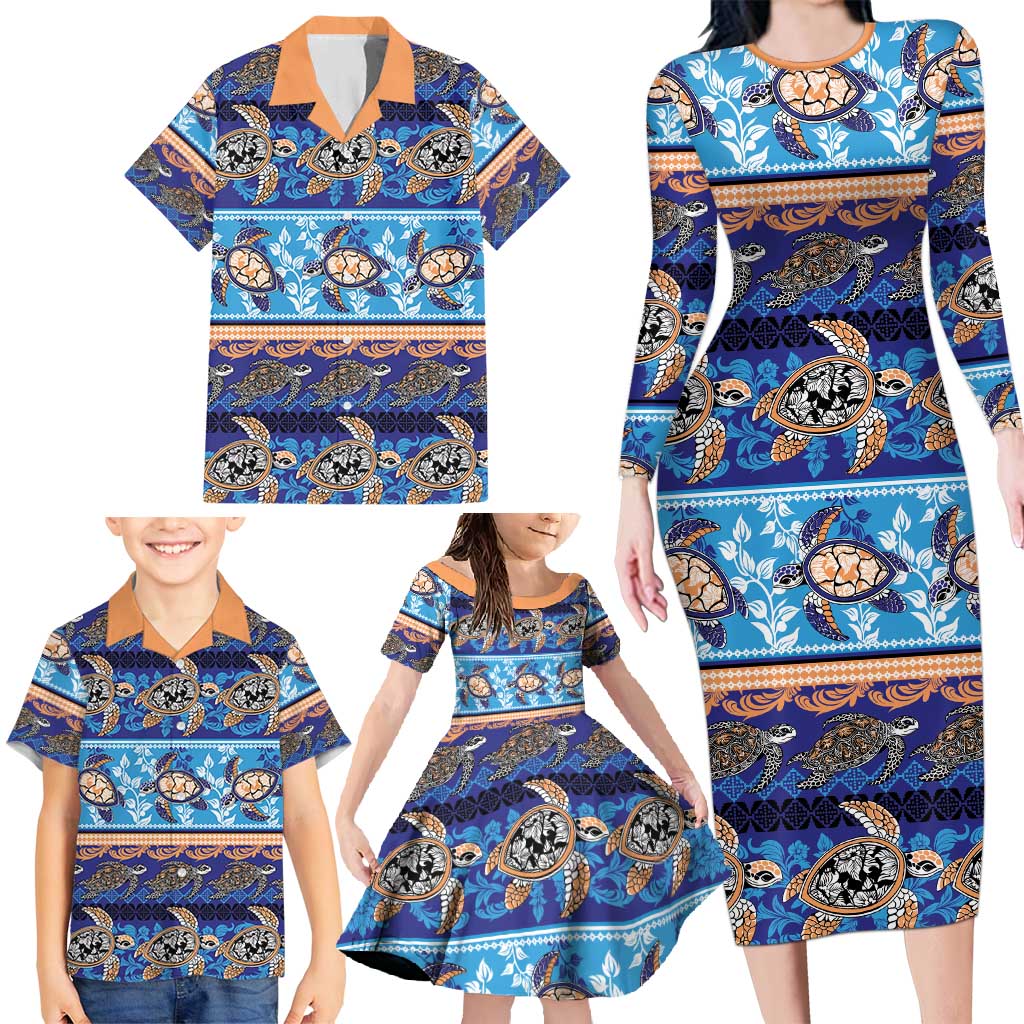 Hawaii Turtles Pattern Special Blue Family Matching Long Sleeve Bodycon Dress and Hawaiian Shirt LT01 - Polynesian Pride