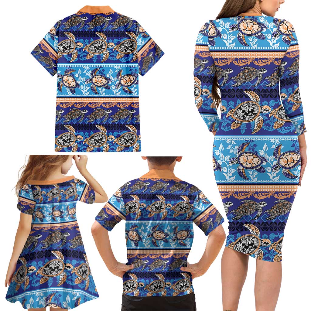 Hawaii Turtles Pattern Special Blue Family Matching Long Sleeve Bodycon Dress and Hawaiian Shirt LT01 - Polynesian Pride