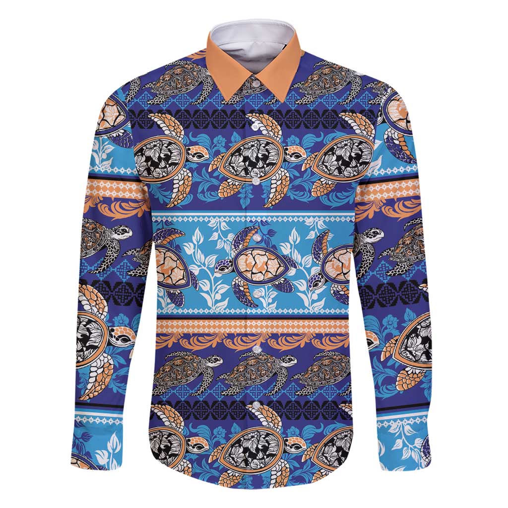 Hawaii Turtles Pattern Special Blue Family Matching Long Sleeve Bodycon Dress and Hawaiian Shirt LT01 Dad's Shirt - Long Sleeve Blue - Polynesian Pride