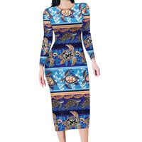 Hawaii Turtles Pattern Special Blue Family Matching Long Sleeve Bodycon Dress and Hawaiian Shirt LT01 Mom's Dress Blue - Polynesian Pride