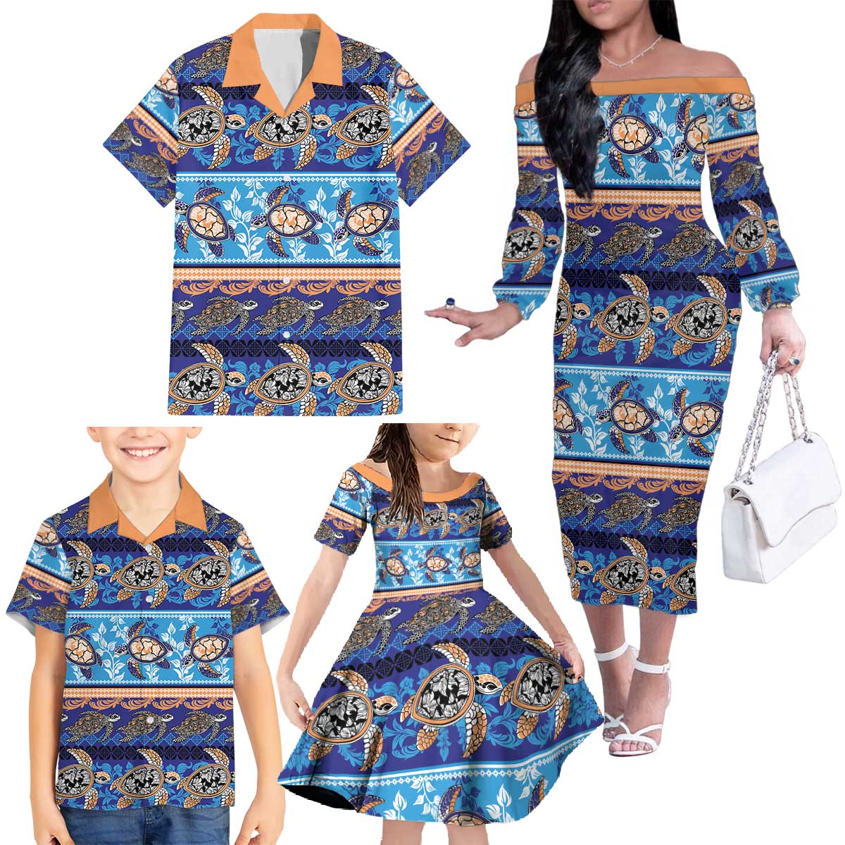 Hawaii Turtles Pattern Special Blue Family Matching Off The Shoulder Long Sleeve Dress and Hawaiian Shirt LT01 - Polynesian Pride