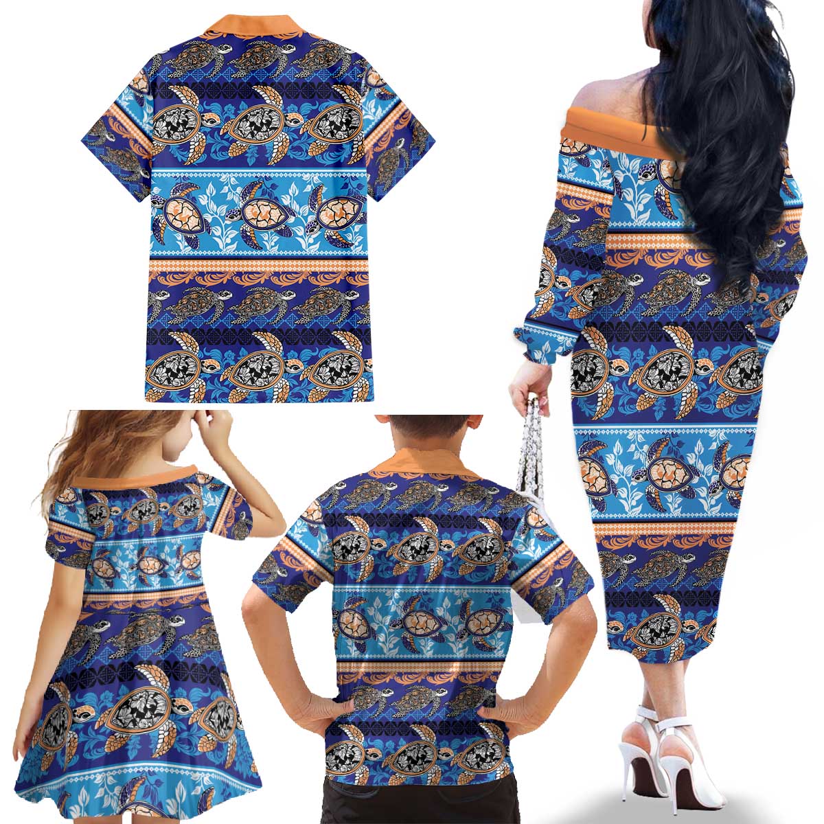 Hawaii Turtles Pattern Special Blue Family Matching Off The Shoulder Long Sleeve Dress and Hawaiian Shirt LT01 - Polynesian Pride
