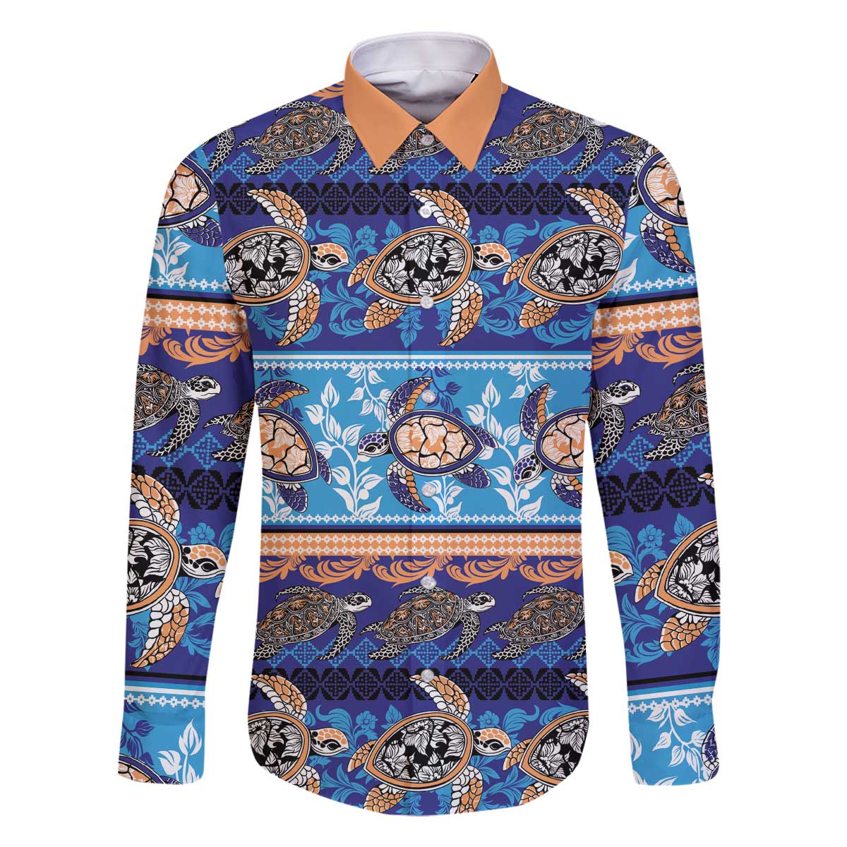Hawaii Turtles Pattern Special Blue Family Matching Off The Shoulder Long Sleeve Dress and Hawaiian Shirt LT01 Dad's Shirt - Long Sleeve Blue - Polynesian Pride