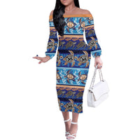 Hawaii Turtles Pattern Special Blue Family Matching Off The Shoulder Long Sleeve Dress and Hawaiian Shirt LT01 Mom's Dress Blue - Polynesian Pride