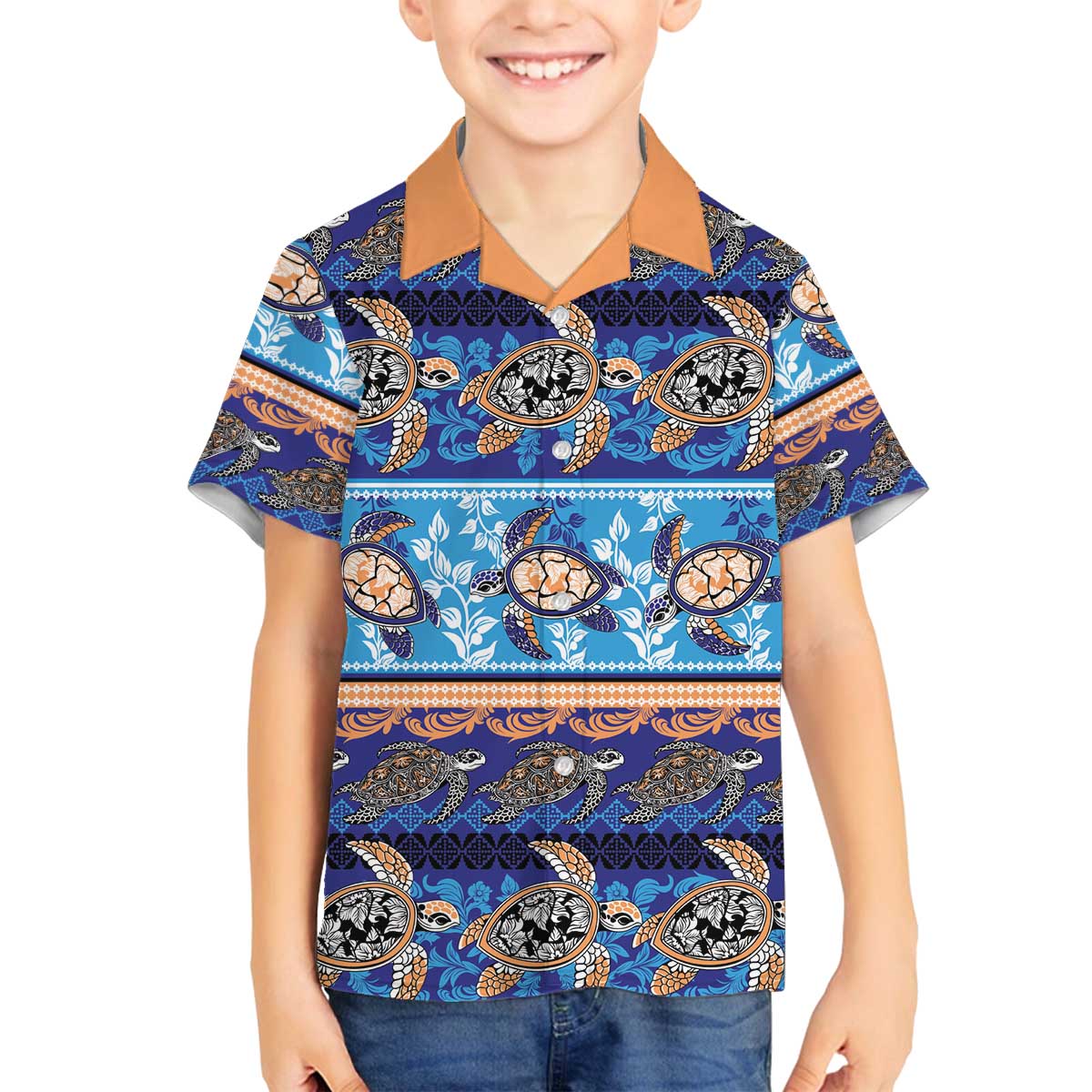 Hawaii Turtles Pattern Special Blue Family Matching Off The Shoulder Long Sleeve Dress and Hawaiian Shirt LT01 Son's Shirt Blue - Polynesian Pride