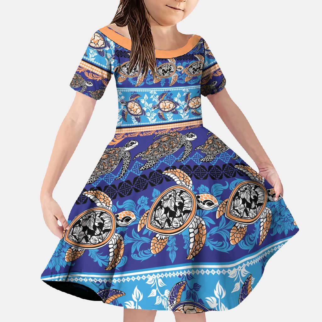 Hawaii Turtles Pattern Special Blue Family Matching Short Sleeve Bodycon Dress and Hawaiian Shirt LT01 Daughter's Dress Blue - Polynesian Pride