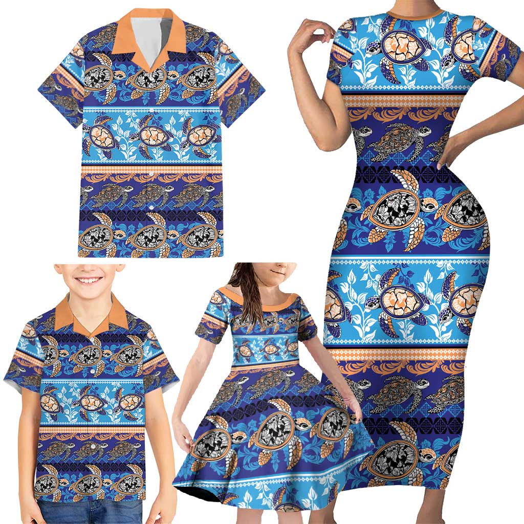 Hawaii Turtles Pattern Special Blue Family Matching Short Sleeve Bodycon Dress and Hawaiian Shirt LT01 - Polynesian Pride