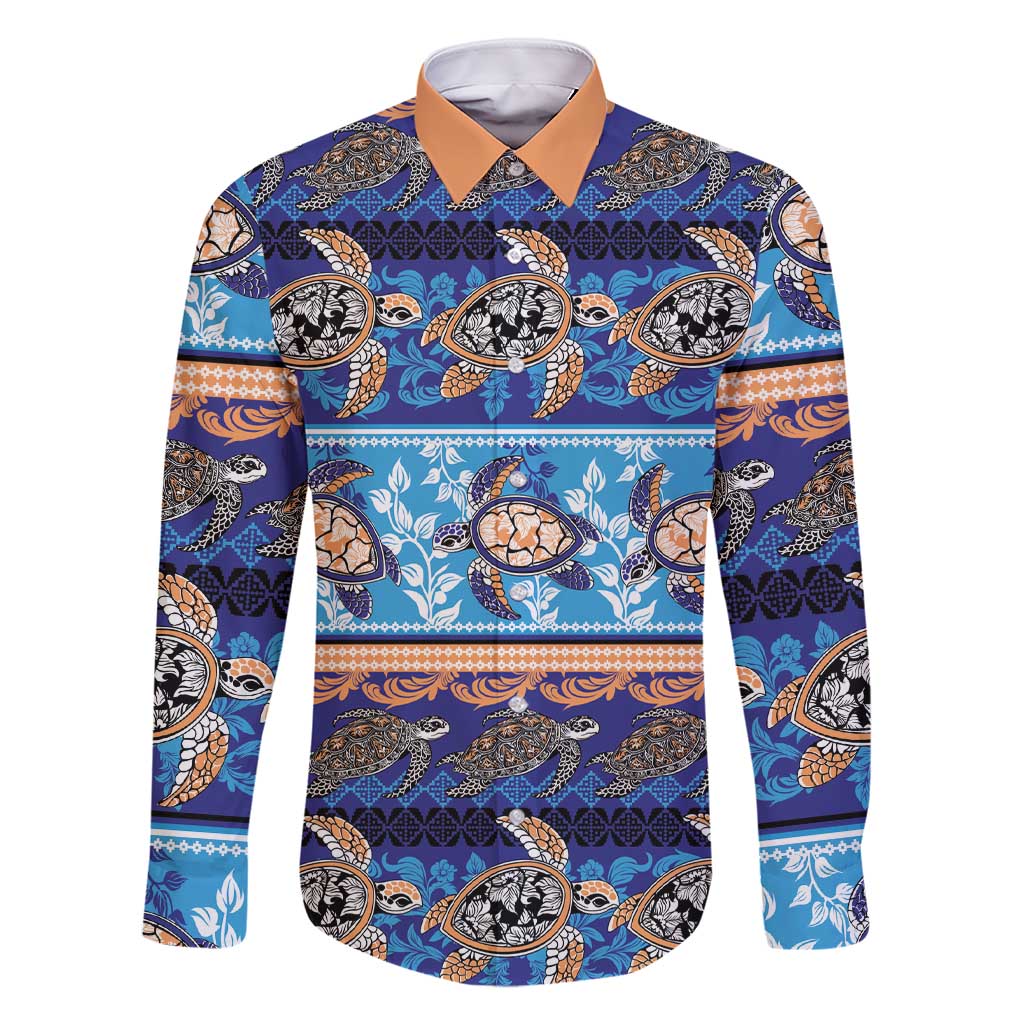Hawaii Turtles Pattern Special Blue Family Matching Short Sleeve Bodycon Dress and Hawaiian Shirt LT01 Dad's Shirt - Long Sleeve Blue - Polynesian Pride