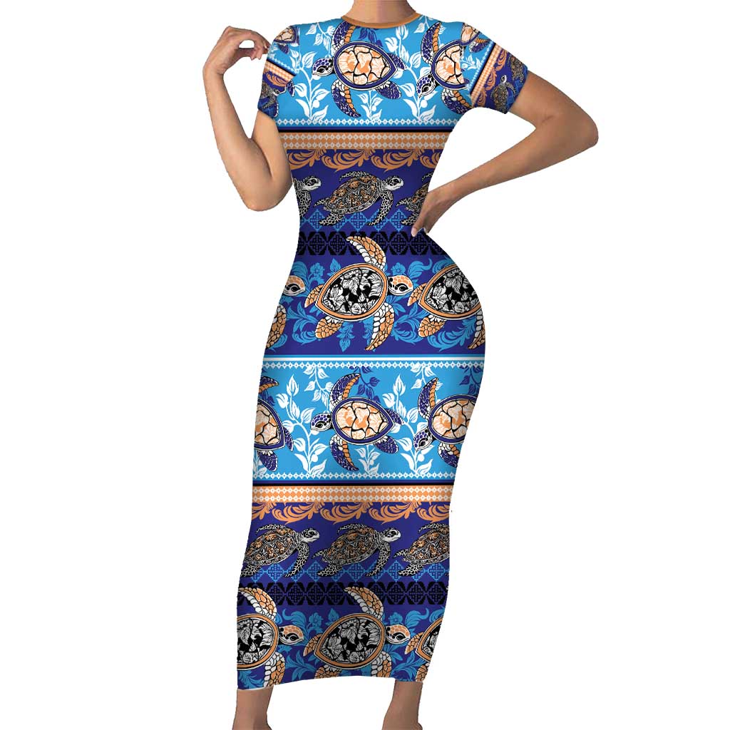 Hawaii Turtles Pattern Special Blue Family Matching Short Sleeve Bodycon Dress and Hawaiian Shirt LT01 Mom's Dress Blue - Polynesian Pride