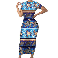 Hawaii Turtles Pattern Special Blue Family Matching Short Sleeve Bodycon Dress and Hawaiian Shirt LT01 Mom's Dress Blue - Polynesian Pride