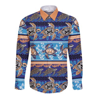 Hawaii Turtles Pattern Special Blue Long Sleeve Button Shirt - Polynesian Pride