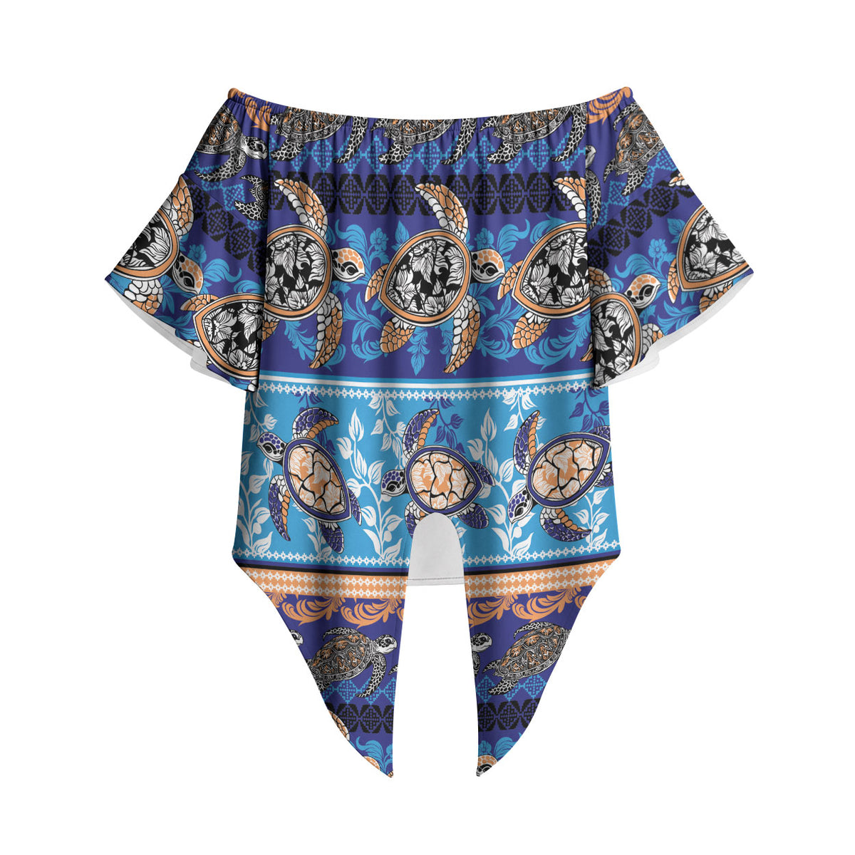 Hawaii Turtles Pattern Special Blue Off Shoulder Wrap Waist Top LT01 Blue - Polynesian Pride