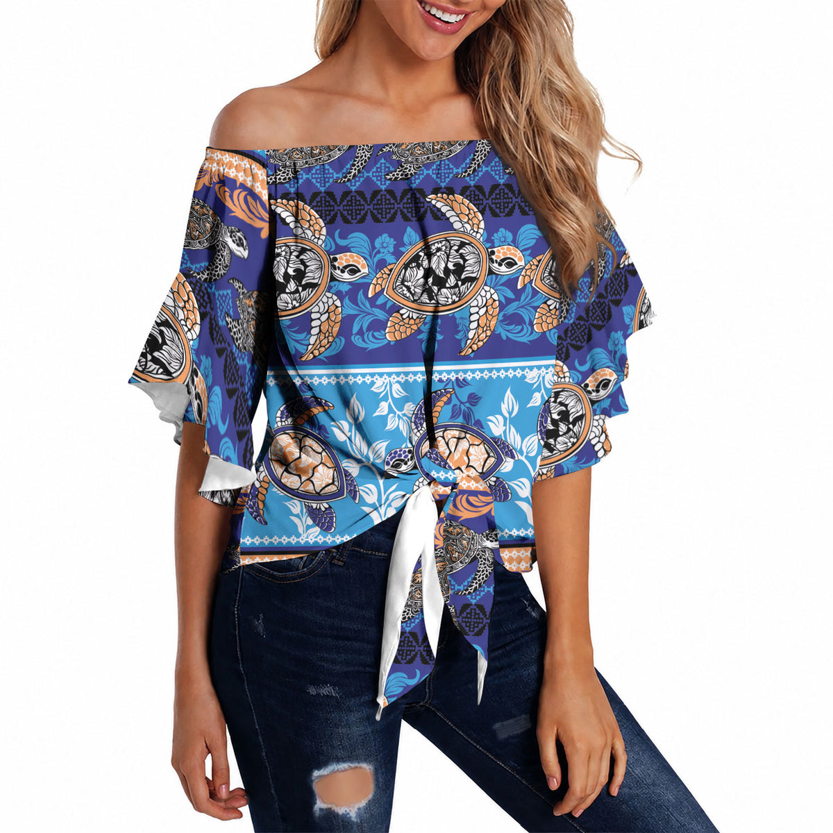 Hawaii Turtles Pattern Special Blue Off Shoulder Wrap Waist Top LT01 - Polynesian Pride