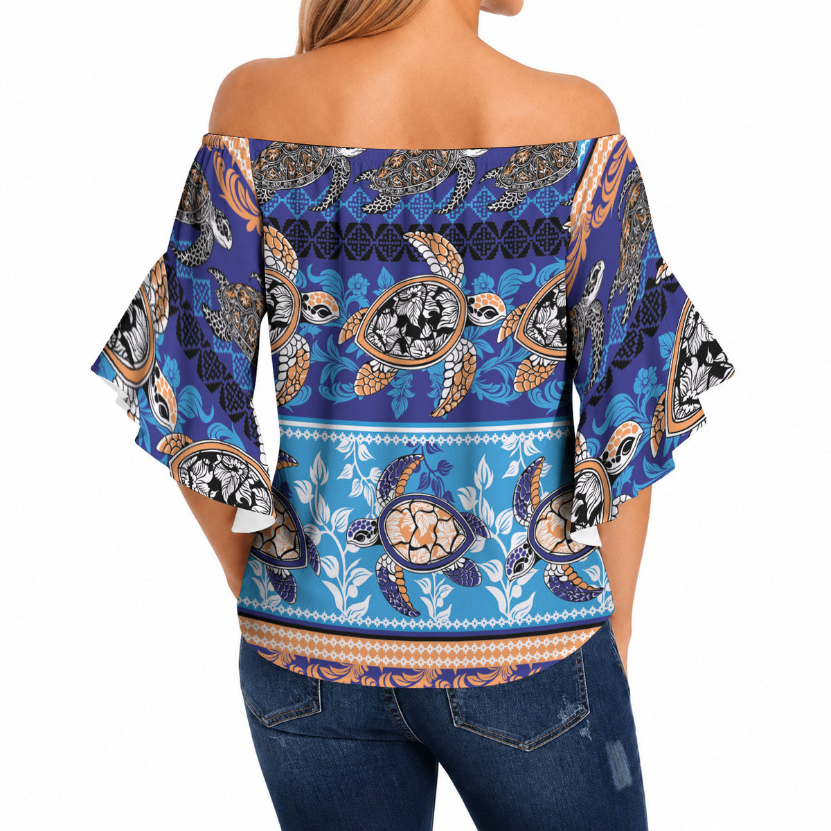 Hawaii Turtles Pattern Special Blue Off Shoulder Wrap Waist Top LT01 - Polynesian Pride