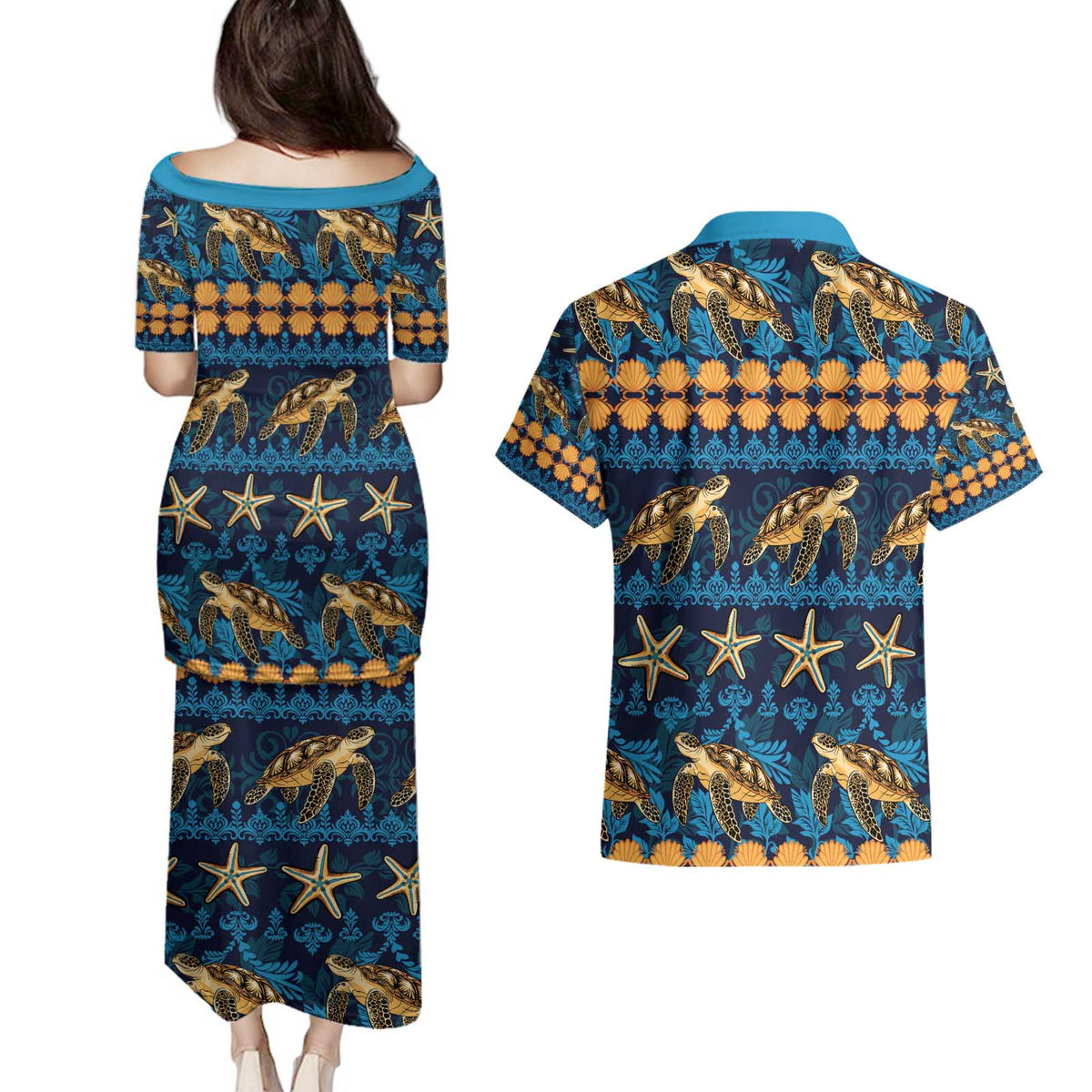 Hawaii Turtles Starfish Unique Pattern Couples Matching Puletasi and Hawaiian Shirt - Polynesian Pride