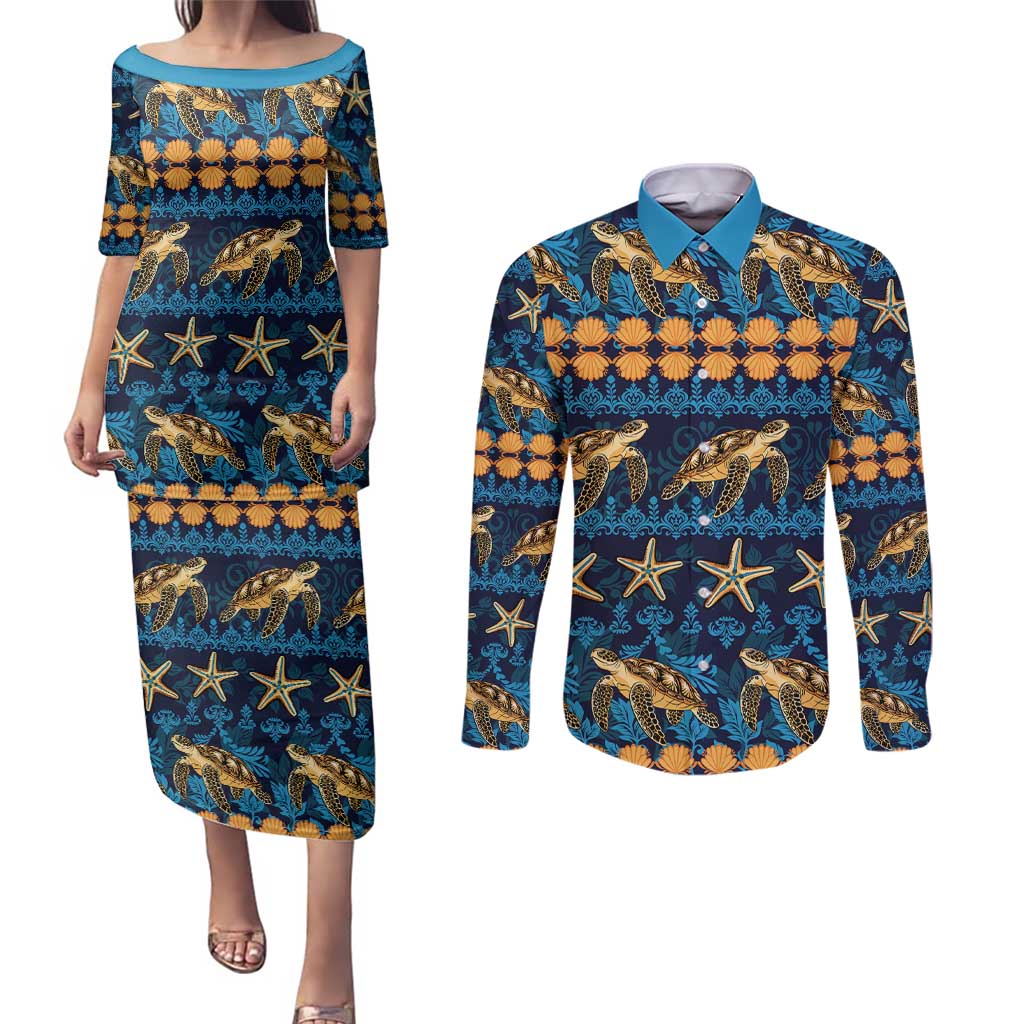 Hawaii Turtles Starfish Unique Pattern Couples Matching Puletasi and Long Sleeve Button Shirt LT01 Blue - Polynesian Pride