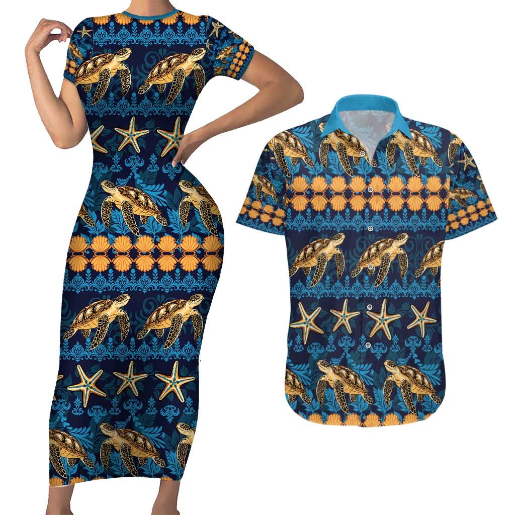 Hawaii Turtles Starfish Unique Pattern Couples Matching Short Sleeve Bodycon Dress and Hawaiian Shirt - Polynesian Pride