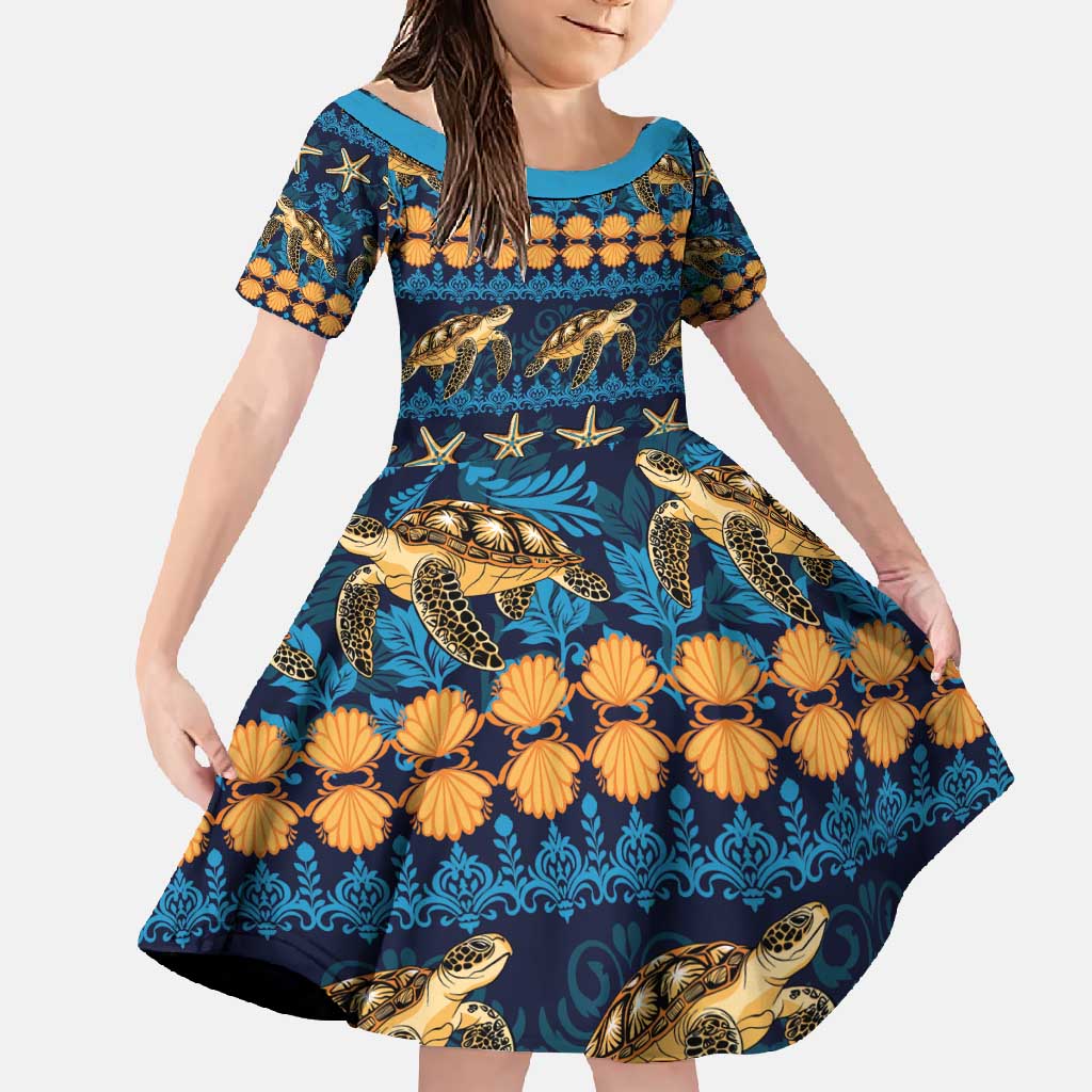 Hawaii Turtles Starfish Unique Pattern Family Matching Long Sleeve Bodycon Dress and Hawaiian Shirt LT01 Daughter's Dress Blue - Polynesian Pride