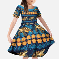 Hawaii Turtles Starfish Unique Pattern Family Matching Long Sleeve Bodycon Dress and Hawaiian Shirt LT01 Daughter's Dress Blue - Polynesian Pride