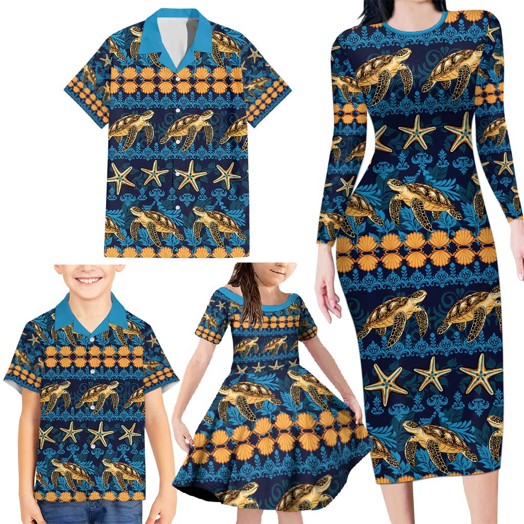Hawaii Turtles Starfish Unique Pattern Family Matching Long Sleeve Bodycon Dress and Hawaiian Shirt LT01 - Polynesian Pride