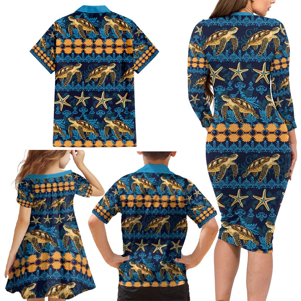 Hawaii Turtles Starfish Unique Pattern Family Matching Long Sleeve Bodycon Dress and Hawaiian Shirt LT01 - Polynesian Pride