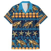 Hawaii Turtles Starfish Unique Pattern Family Matching Long Sleeve Bodycon Dress and Hawaiian Shirt LT01 Dad's Shirt - Short Sleeve Blue - Polynesian Pride