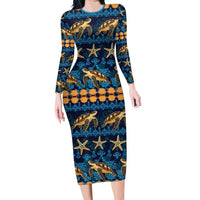 Hawaii Turtles Starfish Unique Pattern Family Matching Long Sleeve Bodycon Dress and Hawaiian Shirt LT01 Mom's Dress Blue - Polynesian Pride